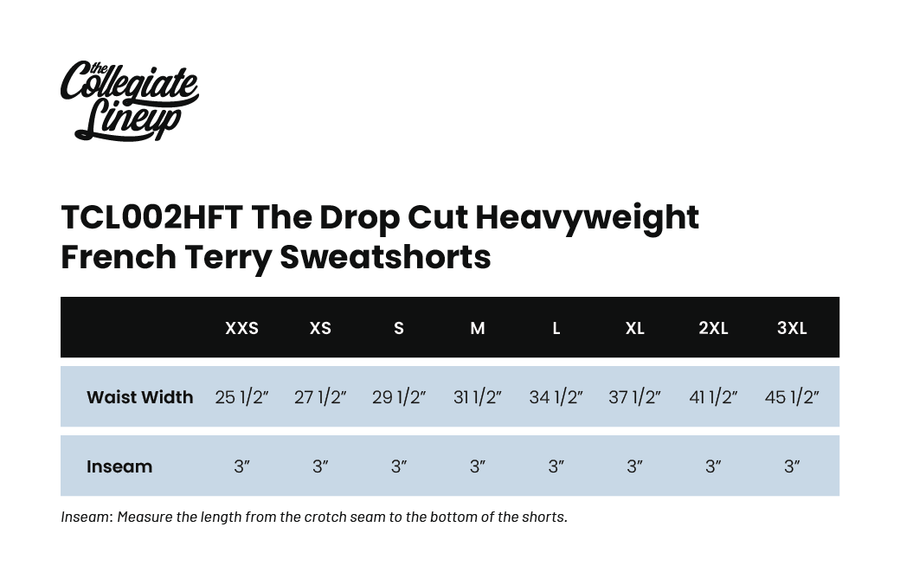 Size chart for THE DROP CUT HEAVYWEIGHT FRENCH TERRY SWEATSHORT