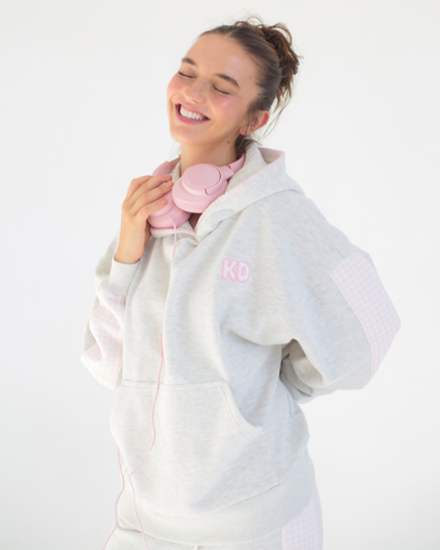 Picnic Season Drop Cut Fleece Hooded Sweatshirt with Paneled Sleeves