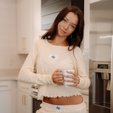 Daisy Pointelle Knit Long Sleeve Shirt With Lettuce Hem and Patch