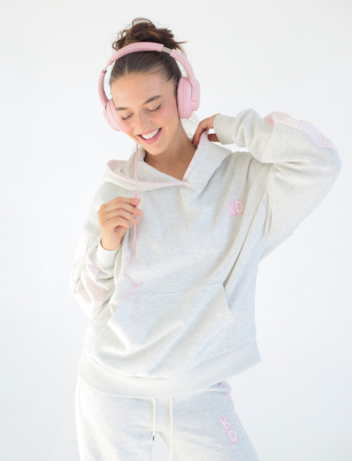 Picnic Season Drop Cut Fleece Hooded Sweatshirt with Paneled Sleeves