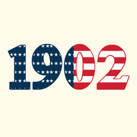 The number '1902' is displayed in large, bold, stylized digits filled with an American flag pattern. The '1' and '9' are dark blue with white stars, and the '0' and '2' are red with white stripes, all set against a solid pale cream background.