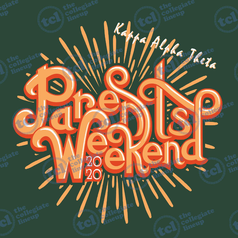 A retro-themed graphic for Kappa Alpha Theta Parents Weekend 2020 featuring interlocking orange and cream bubble typography over a sunburst on a dark green background.