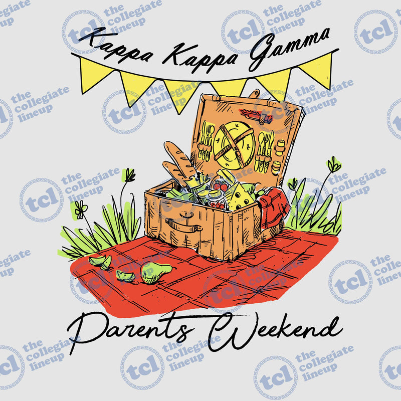 A hand-drawn graphic for Kappa Kappa Gamma Parents Weekend featuring an open picnic basket on a red checkered blanket with yellow pennants above, set against a light blue background.