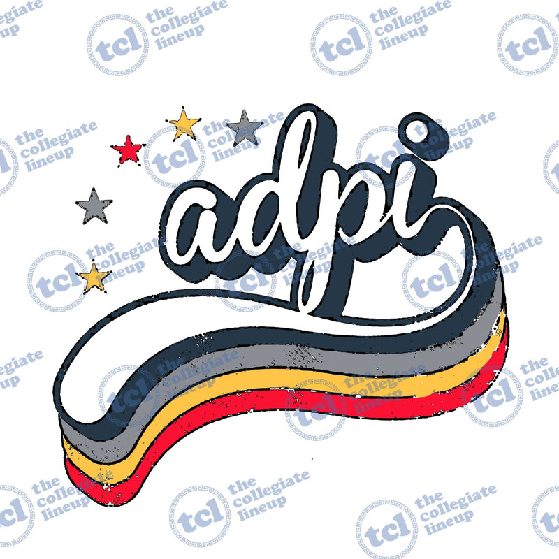 Stylized 'adpi' script text in white with a thick navy shadow, set above a wavy red, yellow, and navy band with scattered colorful stars.