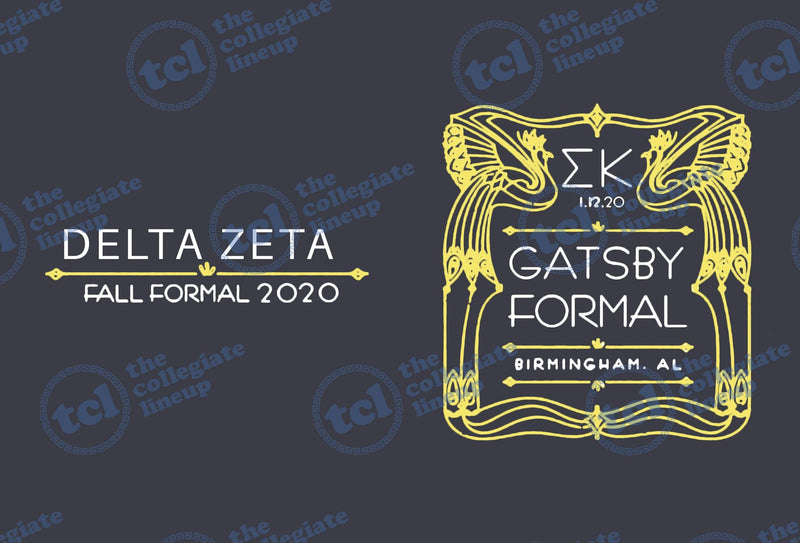 A graphic design for a Delta Zeta Fall Formal 2020. The left side features the text 'DELTA ZETA' and 'FALL FORMAL 2020' in white and yellow. The right side shows an ornate Art Deco gold frame containing the Greek letters Sigma Kappa, the date 11.12.20, 'GATSBY FORMAL', and 'BIRMINGHAM, AL' on a dark grey background.