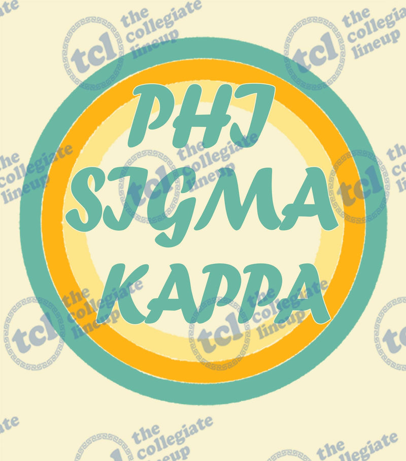 A graphic design for Phi Sigma Kappa featuring the organization's name in teal bubbly font centered over concentric circles of yellow, orange, and teal on a cream background.