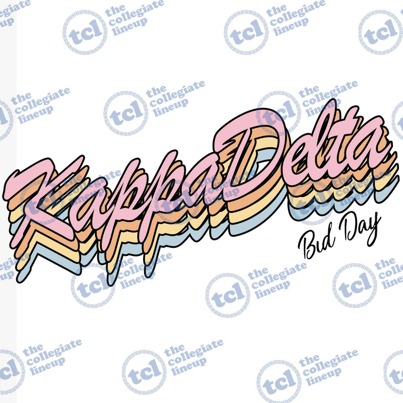 A retro-style design for Kappa Delta Bid Day with stacked pastel-colored lettering.