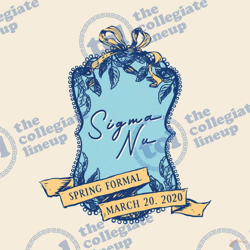 A graphic design for a Sigma Nu Spring Formal on March 20, 2020, featuring a light blue bell decorated with dark blue leaves and yellow ribbons.