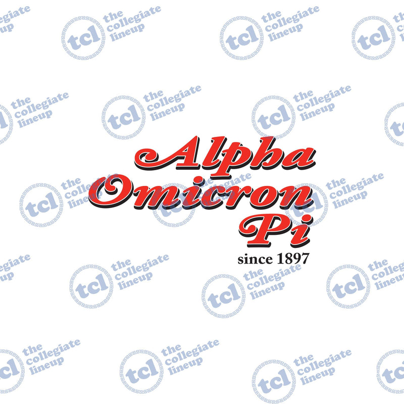 A graphic design for Alpha Omicron Pi featuring the sorority name in a red retro script font with a white outline and black shadow, accompanied by the text 'since 1897'.