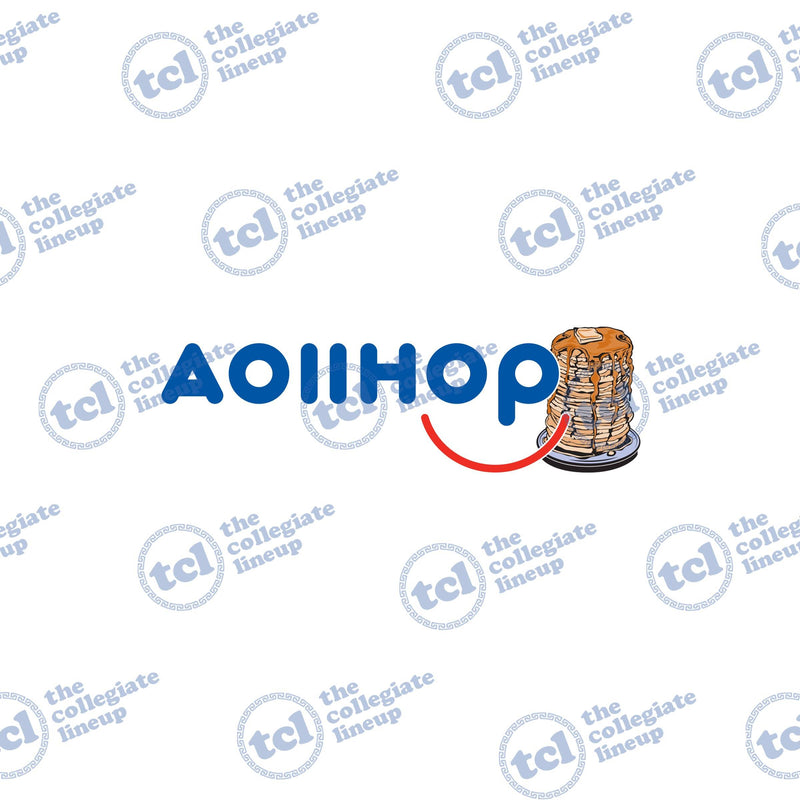 A graphic design for Alpha Omicron Pi featuring the text 'AOIIHOP' in a blue font styled after the IHOP logo, complete with a red smile and a tall stack of pancakes.