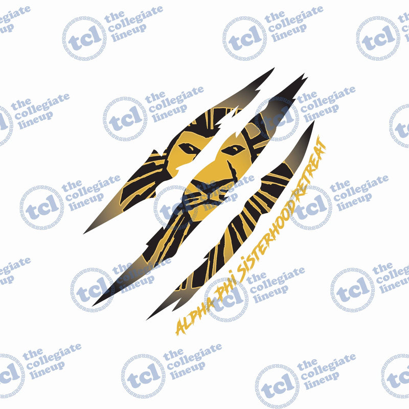 Alpha Phi Sisterhood Retreat design featuring a lion's face visible through three diagonal claw marks in black and gold.