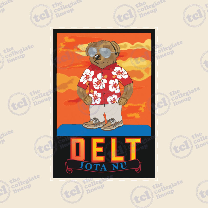 Graphic design for Delta Tau Delta fraternity featuring a Polo Bear-style character in a red Hawaiian shirt and sunglasses against an orange sunset background with the text 'DELT IOTA NU'.