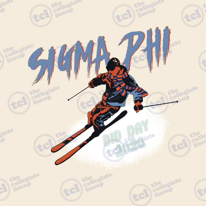 A Sigma Phi Bid Day graphic featuring a navy and orange illustration of a downhill skier with stylized dripping text on a cream background.