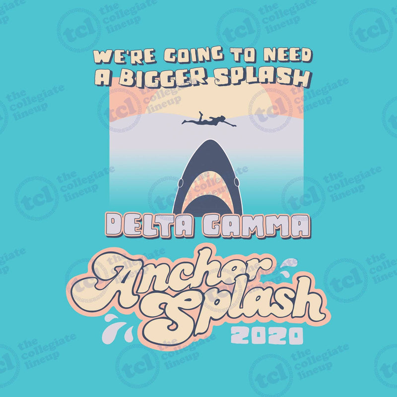 Delta Gamma Anchor Splash 2020 graphic design featuring a Jaws movie poster parody with a shark, a swimmer, and the text 'WE'RE GOING TO NEED A BIGGER SPLASH'.