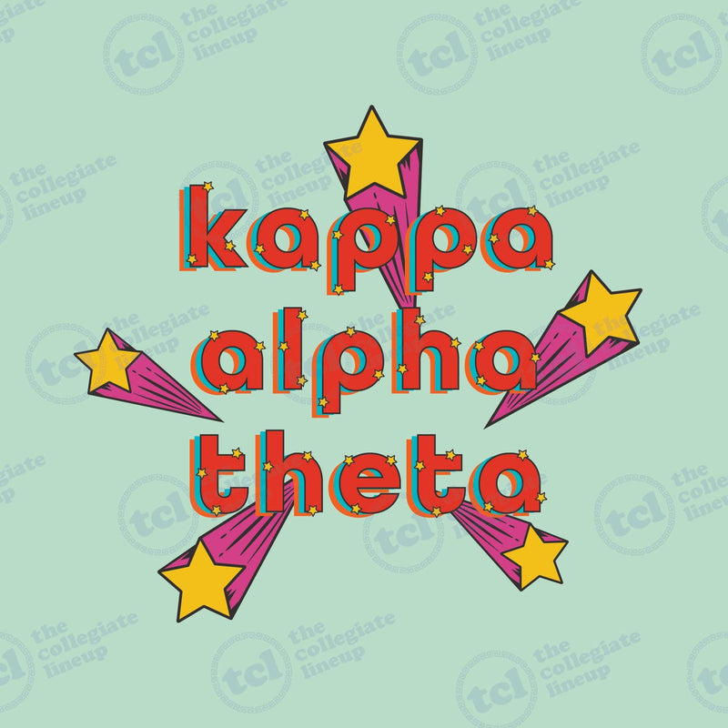 Kappa Alpha Theta sorority graphic featuring red 3D block lettering surrounded by yellow shooting stars on a light teal background.