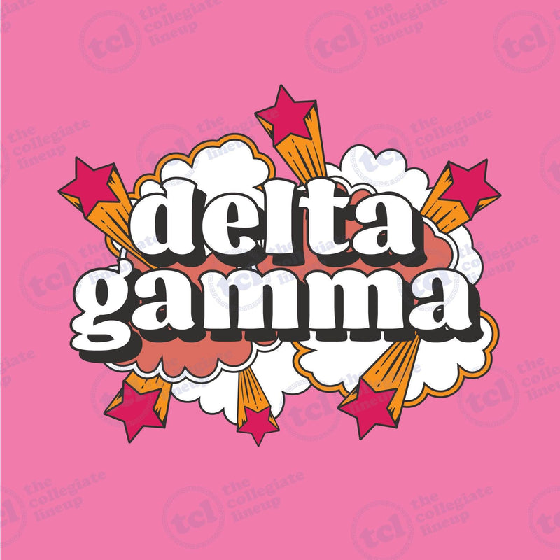 A retro-inspired graphic for Delta Gamma featuring the sorority name in bubbly white letters with black drop shadows, surrounded by white clouds and pink shooting stars on a bright pink background.