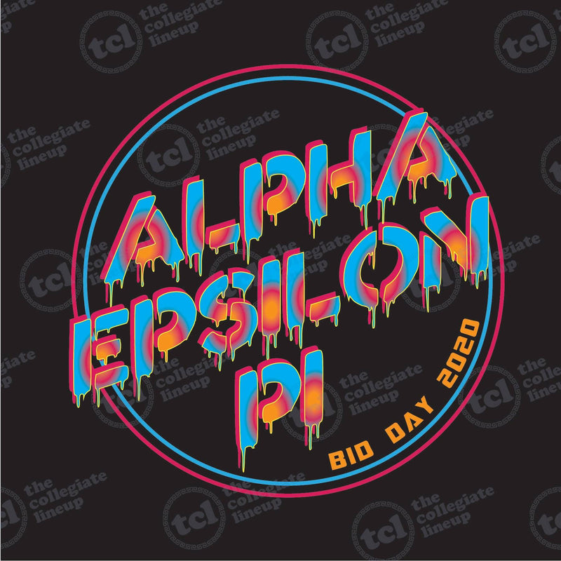 Alpha Epsilon Pi Bid Day 2020 circular graphic featuring melting typography with blue, pink, and orange gradients on a black background.