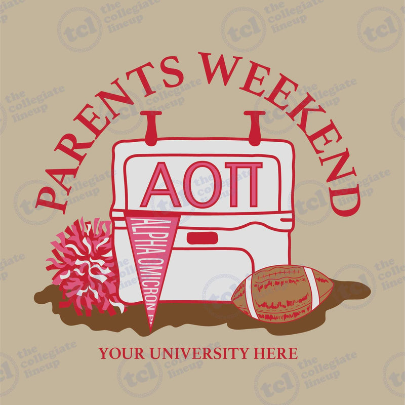 Alpha Omicron Pi Parents Weekend design featuring a red and white cooler, a football, and pom-poms.