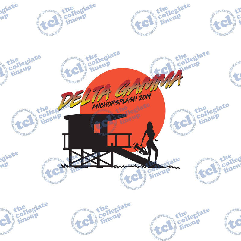 Delta Gamma Anchorsplash 2019 graphic featuring a black silhouette of a lifeguard tower and a woman with a buoy against a large orange sun.