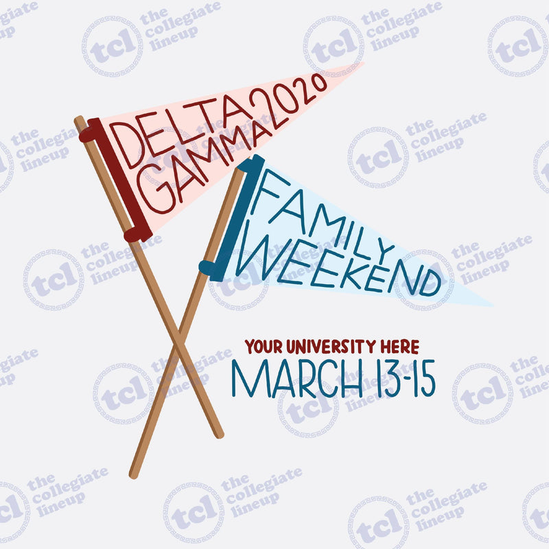 A graphic design for Delta Gamma Family Weekend 2020 featuring two crossed pennants in pink and light blue with maroon and navy lettering against a light grey background with watermarks.