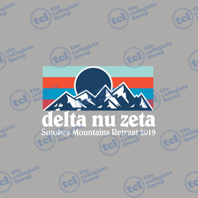 Graphic design for Delta Nu Zeta Smokey Mountains Retreat 2019 featuring a navy and white mountain range illustration against a retro teal, orange, and red striped background.