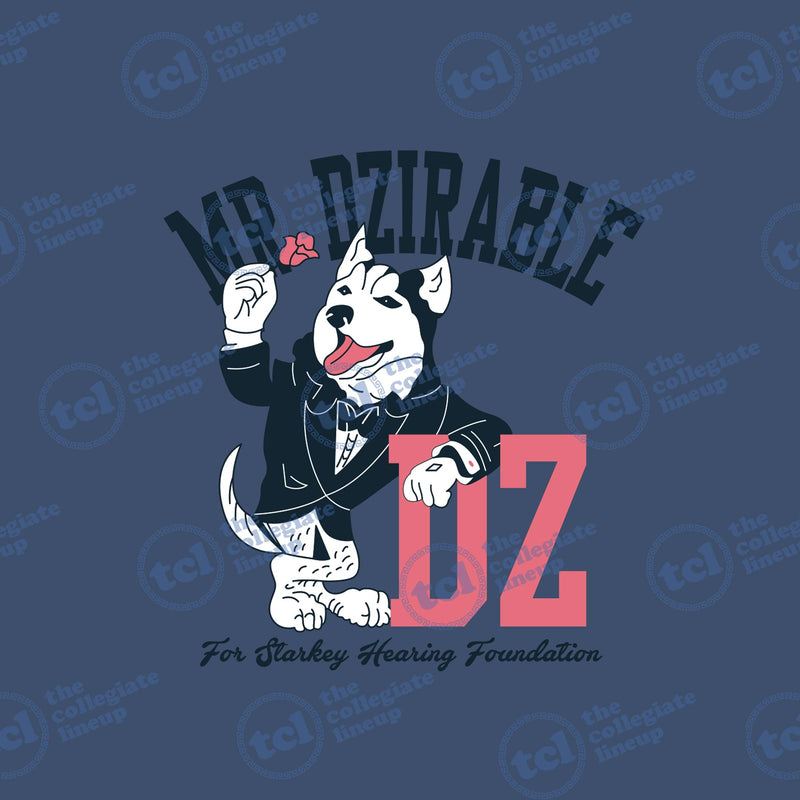 A navy blue graphic design featuring a cartoon dog in a tuxedo holding a rose, with 'MR DZIRABLE' arched above and large pink 'DZ' letters below, supporting the Starkey Hearing Foundation.