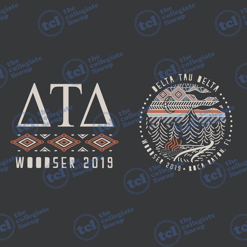 A two-part graphic design for Delta Tau Delta's 2019 Woodser event. The left side displays the Greek letters ΔΤΑ above a tribal pattern and 'WOODSER 2019'. The right side shows a circular badge with a campfire and forest illustration, bordered by 'DELTA TAU DELTA' and 'WOODSER 2019 • BOCA RATON, FL'.