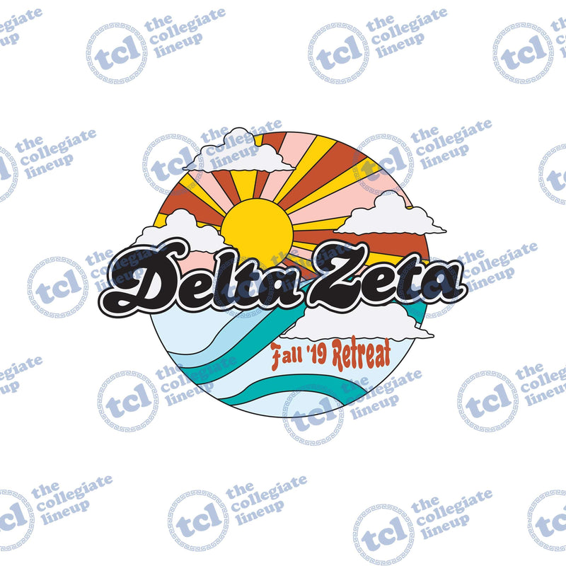 A circular retro-style graphic for Delta Zeta Fall '19 Retreat featuring a sunburst, clouds, and waves with stylized script lettering.