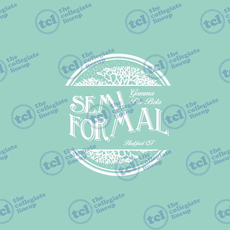 A white circular graphic design for a Gamma Phi Beta Semi Formal in Hartford, CT, featuring a mountain landscape illustration on a teal background.