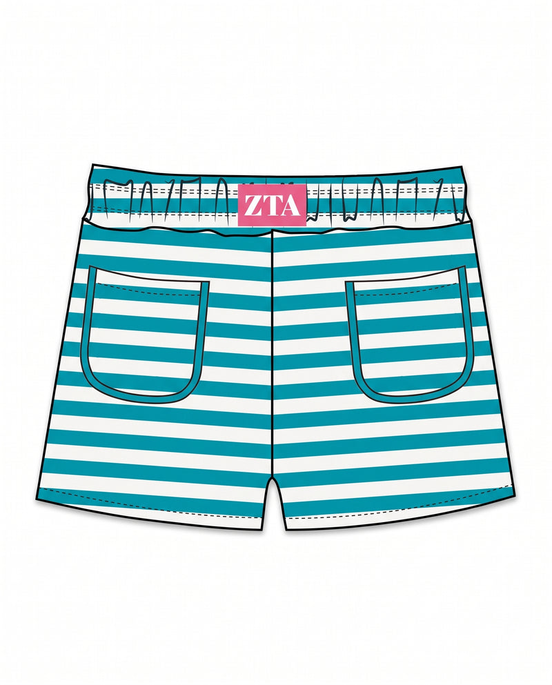 A pair of women's shorts with horizontal teal and white stripes, featuring two back patch pockets and a pink waistband label with the letters 'ZTA'.
