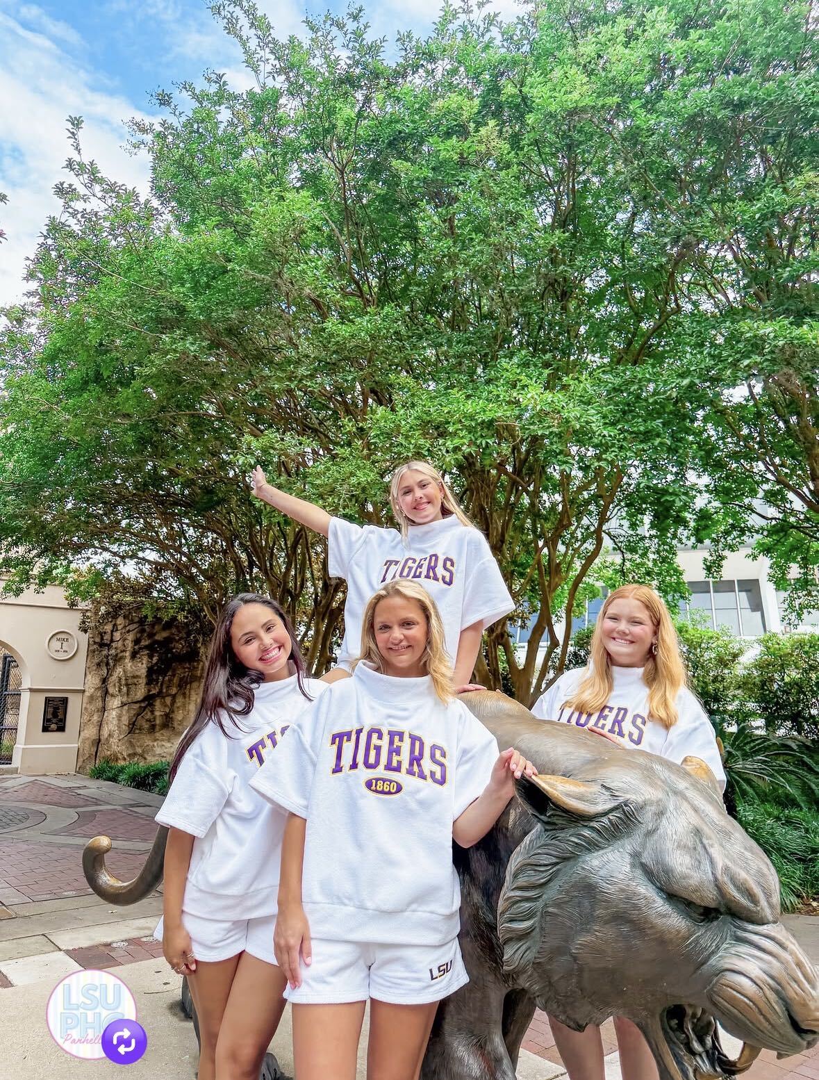 LSU chapter in custom Tigers tees at the Mike the Tiger statue