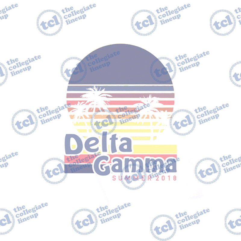 Retro-style Delta Gamma Summer 2018 graphic featuring a striped sun and palm tree silhouettes in blue, yellow, and pink tones.