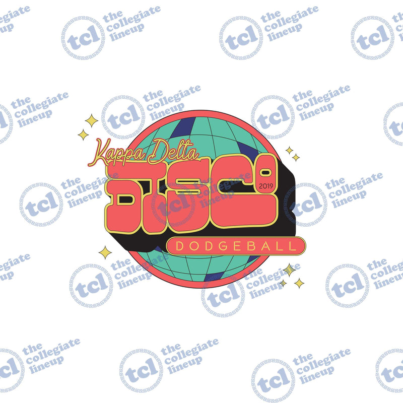 Retro-style graphic for a Kappa Delta 2019 Disco Dodgeball event, featuring bold red bubble letters over a teal disco ball with yellow accents.