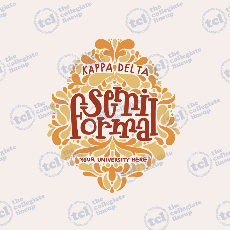 A symmetrical graphic design for a Kappa Delta Semi Formal event, featuring decorative orange and yellow ornamental patterns and stylized brown text on a cream background.