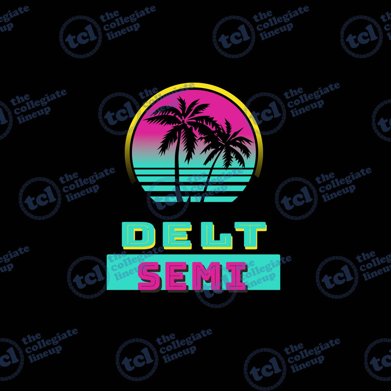 A retro 80s synthwave-style graphic for a Delta Tau Delta semi-formal, featuring palm trees and a neon pink and teal sunset circle.