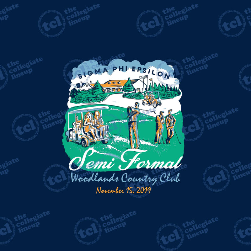 A graphic design for Sigma Phi Epsilon's Semi Formal held at Woodlands Country Club on November 15, 2019, featuring an illustration of a golf course with people golfing and riding in carts.