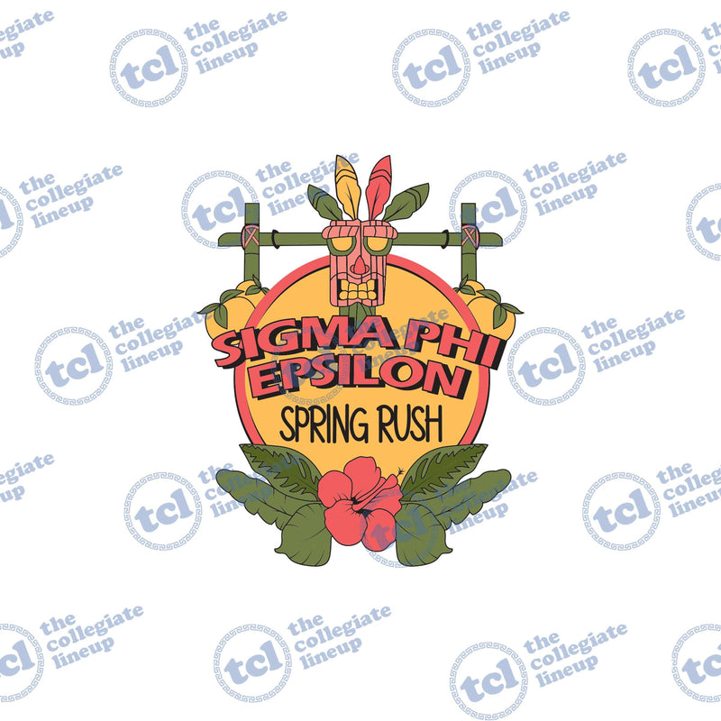 A tropical tiki-themed graphic for Sigma Phi Epsilon Spring Rush, featuring a tiki mask, bamboo, a red hibiscus flower, and green leaves on a yellow circular background.