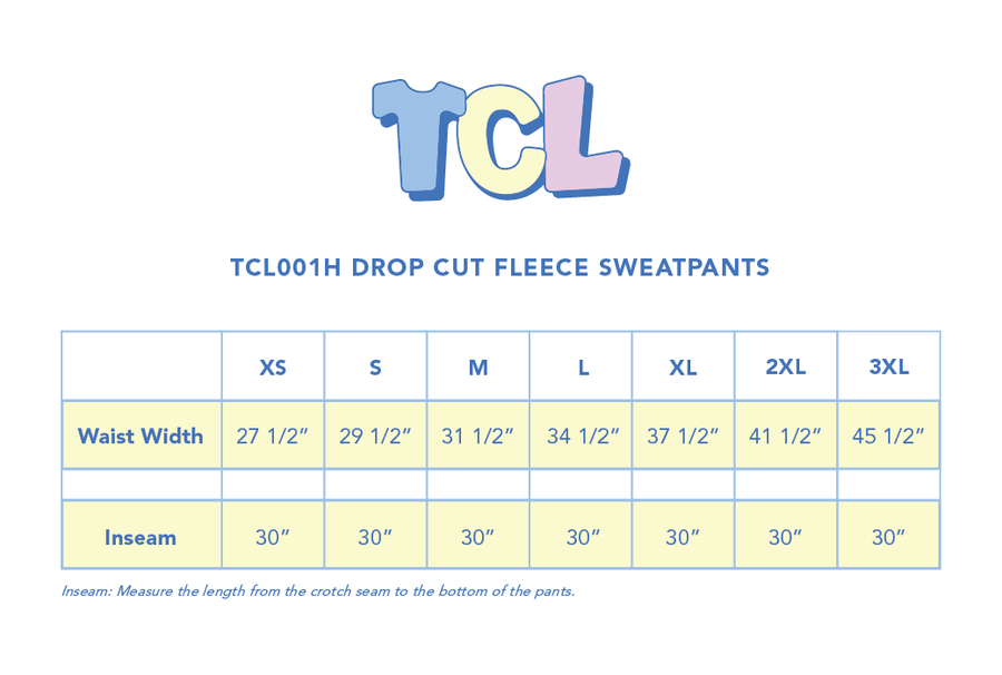 Size chart for Drop Cut Fleece Sweatpants