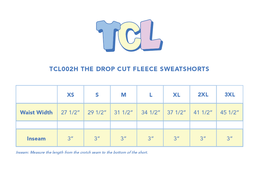 Size chart for The Dropcut Fleece Sweatshorts