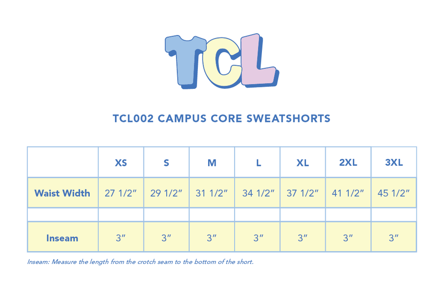 Size chart for Campus Core Sweatshorts