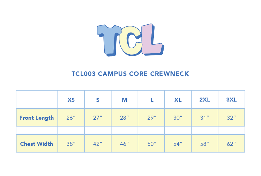 Size chart for Campus Core Crewneck