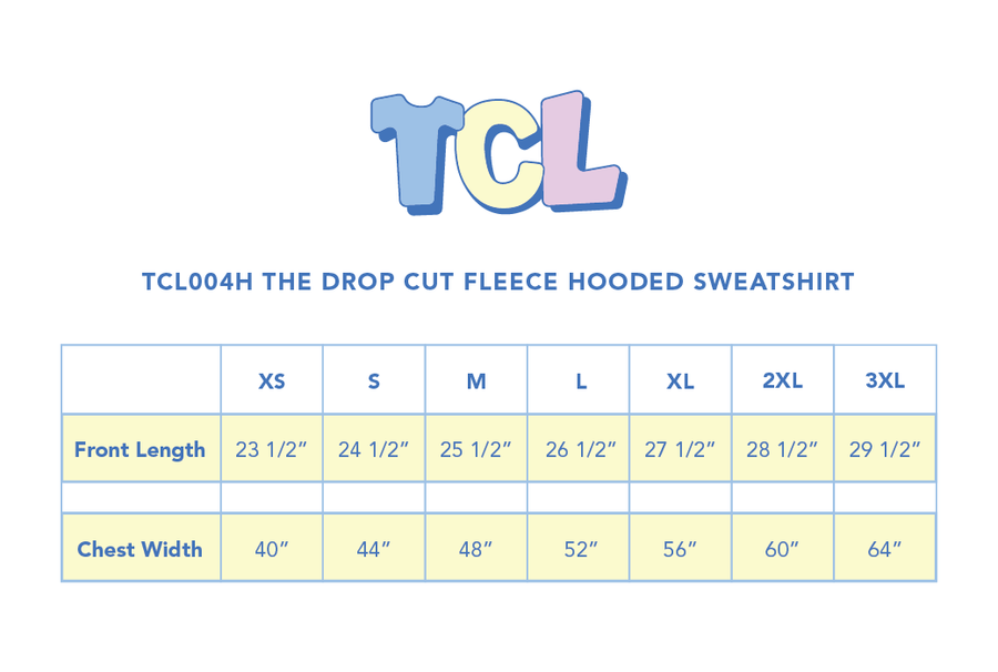 Size chart for The Drop Cut Fleece Hooded Sweatshirt