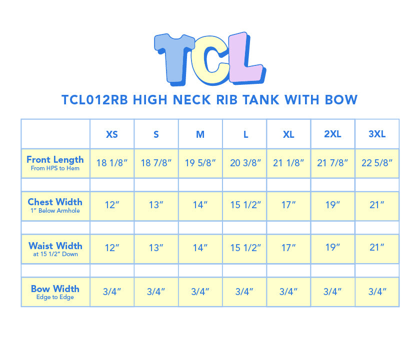 Size chart for Ribbed high Neck Tank with Bow