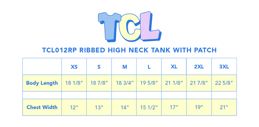 Size chart for Ribbed High Neck Tank with Patch