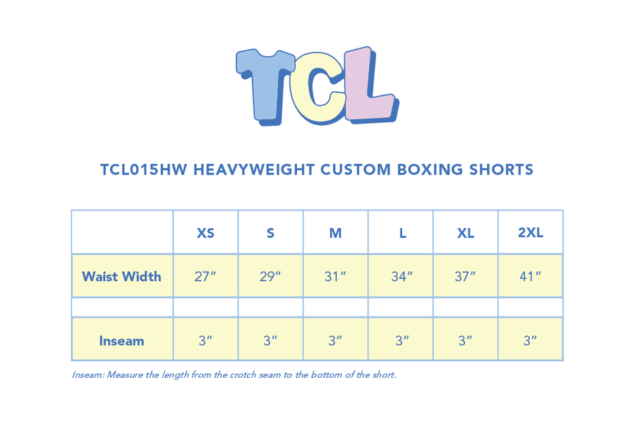 Size chart for Striped Heavyweight Boxing Shorts with Patch