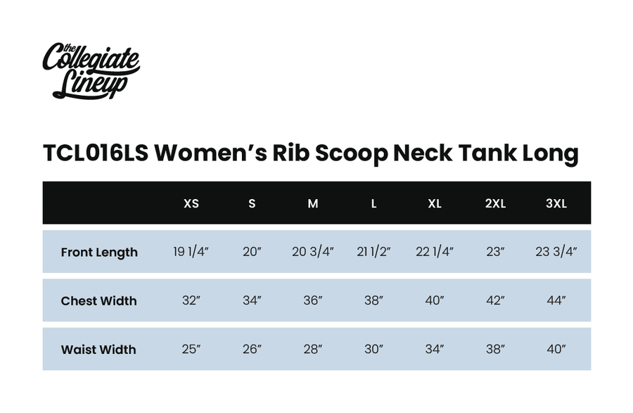 Size chart for Ribbed Tank Scoop Neck Long