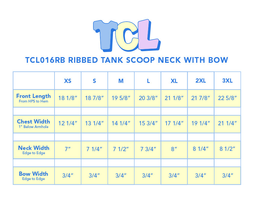 Size chart for Ribbed Scoop Neck Tank with Bow
