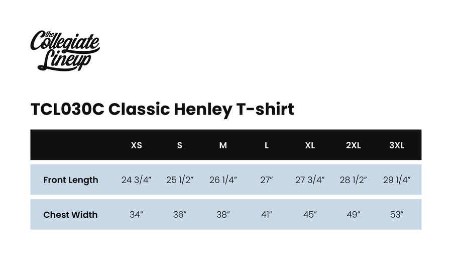 Size chart for Classic Henley T-Shirt