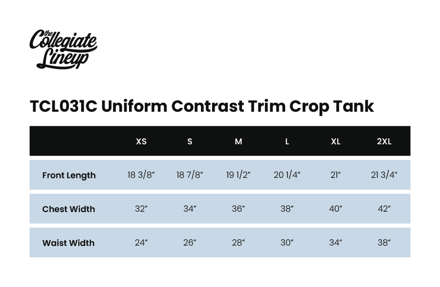 Size chart for Uniform Contrast Trim Crop Tank