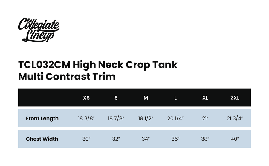 Size chart for High Neck Crop Tank Multi Contrast Trim